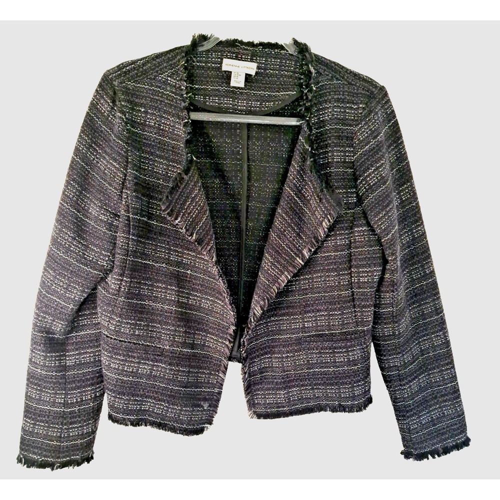 Adrienne Vittadini  Tweed Fringe Trim Jacket Women's M Asymmetrical‎ Hem